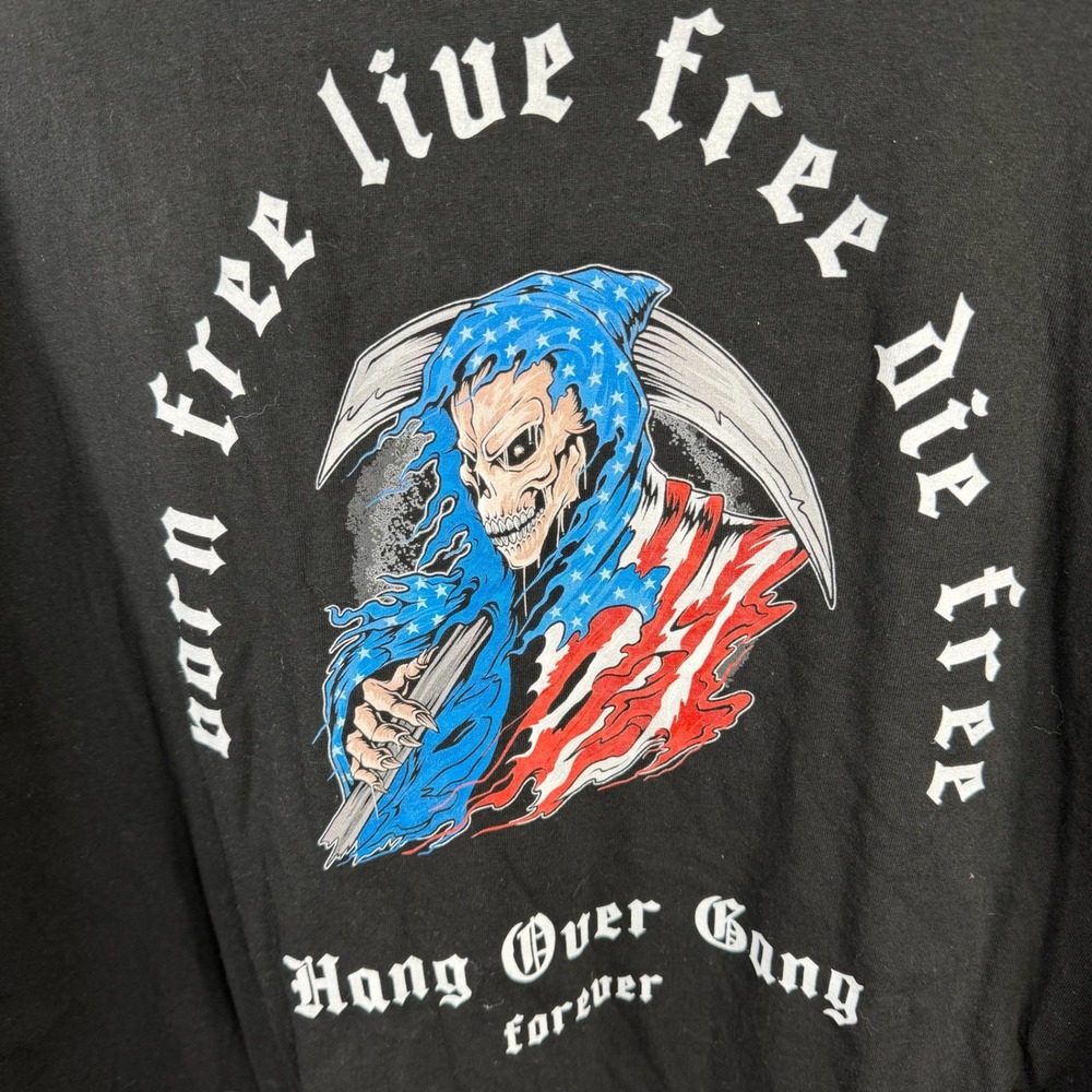 Hang Over Gang Born Free Live Die Graphic T Shirt 5XL Black Grim Reaper Flag